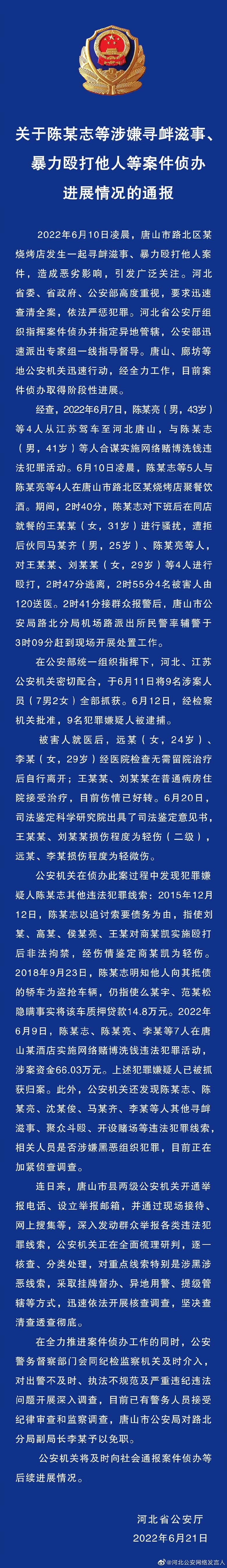 關于陳某志等涉嫌尋釁滋事、暴力毆打他人等案件偵辦進展情況的通報