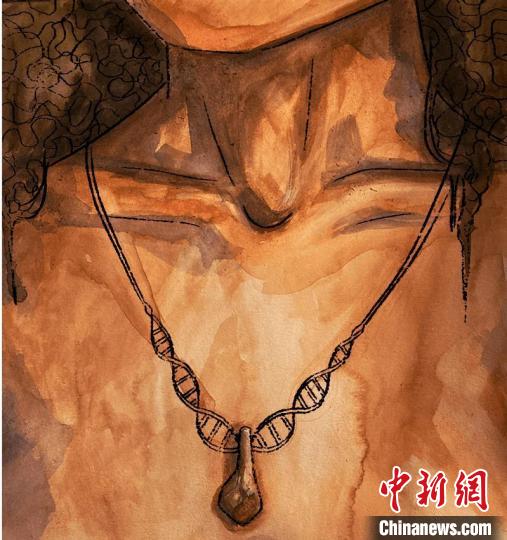 墜飾藝術(shù)再現(xiàn)圖，圖中吊墜繩為DNA螺旋樣式(圖片作者M(jìn)yrthe Lucas)?！∈┢樟指瘛ぷ匀?供圖