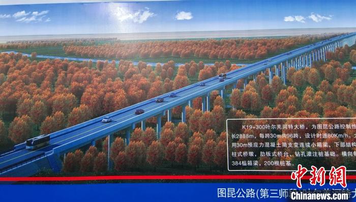 大橋穿越近3000米的原始胡楊林保護區(qū)。圖為工程效果圖?！∈酚窠?攝