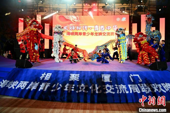 聯(lián)歡晚會(huì)上，兩岸青少年同臺(tái)呈現(xiàn)龍獅表演。　王東明 攝