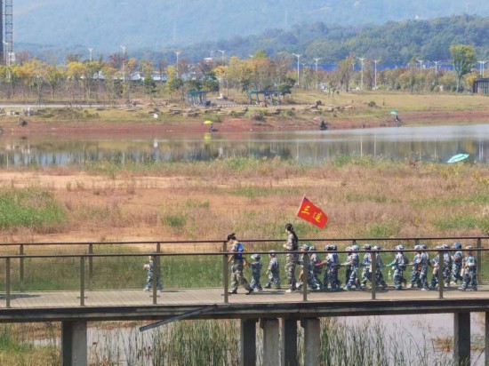 　　10月24日，秋游的幼兒園小朋友在老師帶領下走在清水塘公園里的木橋上。本報記者 常雯宜攝