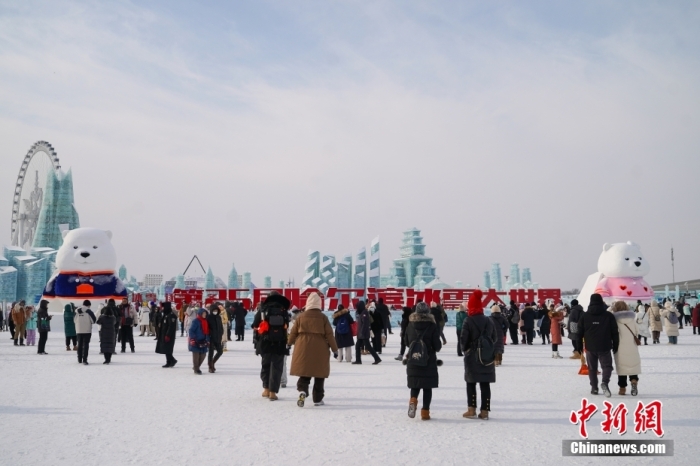1月4日，第25屆哈爾濱冰雪大世界內(nèi)的冰雕吸引游客觀看。白天的冰雪大世界，游客仿佛置身現(xiàn)實版“冰雪奇緣”。<a target='_blank' href='/'><p  align=