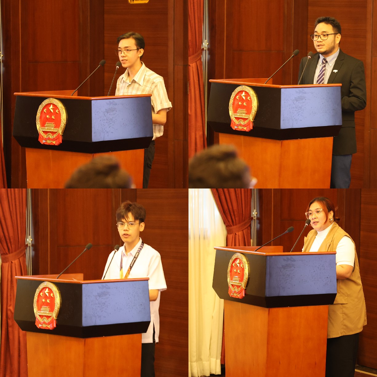 菲律賓大學(xué)、菲律賓師范大學(xué)的4位學(xué)生和校友代表現(xiàn)場(chǎng)發(fā)言向中方表示感謝并分享體會(huì)。駐菲律賓使館 供圖