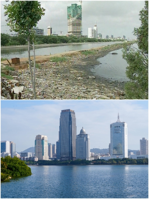 上圖：筼筜湖治理前資料圖。下圖：筼筜湖如今的美麗風(fēng)光。人民網(wǎng)記者 吳超嵐攝
