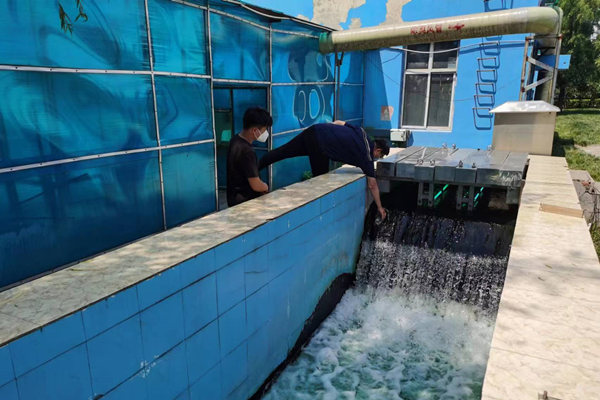 邯鄲市雞澤縣藍(lán)天污水處理廠員工正在出水口進(jìn)行水質(zhì)檢測(cè)。鄭佳欣攝