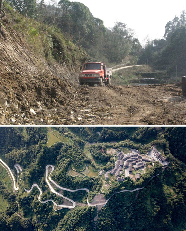 拼版照片：上圖為2011年12月拍攝的湖南省湘西土家族苗族自治州花垣縣十八洞村進(jìn)村道路；下圖為2019年9月拍攝的十八洞村及進(jìn)村道路。
