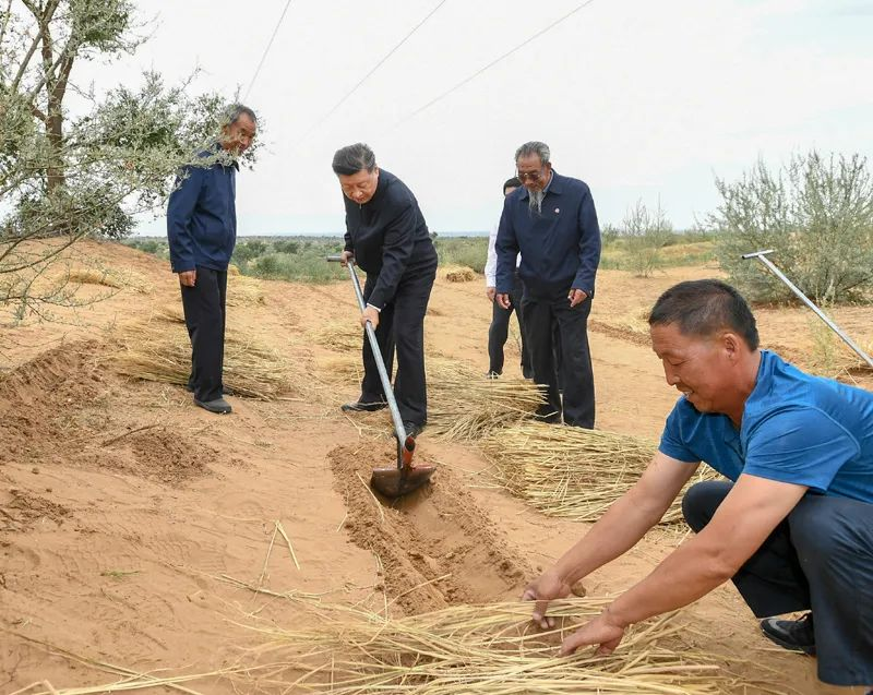 2019年8月21日，習(xí)近平來到甘肅省武威市古浪縣八步沙林場，實(shí)地察看當(dāng)?shù)刂紊吃炝?、生態(tài)保護(hù)等情況。新華社記者 謝環(huán)馳 攝