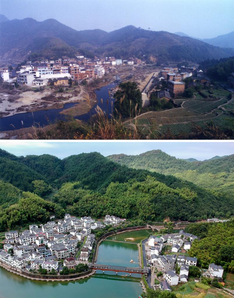 圖為浙江省杭州市淳安縣楓樹嶺鎮(zhèn)下姜村拼版圖，其中上圖為資料照片、下圖由新華社記者張鋮攝。