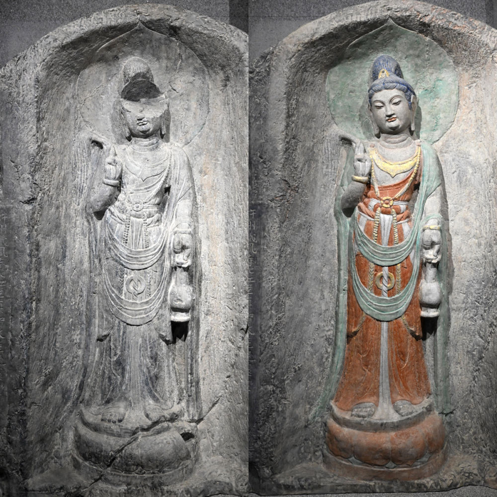 左圖為龍門石窟萬佛洞窟前南壁菩薩造像的3D打印模型；右圖為利用數(shù)字化技術(shù)復(fù)原后的3D打印模型（2025年4月10日攝，拼版照片）。復(fù)原后的像龕精妙絕倫，栩栩如生，被游客譽(yù)為“龍門最美菩薩”。圖片來源新華社