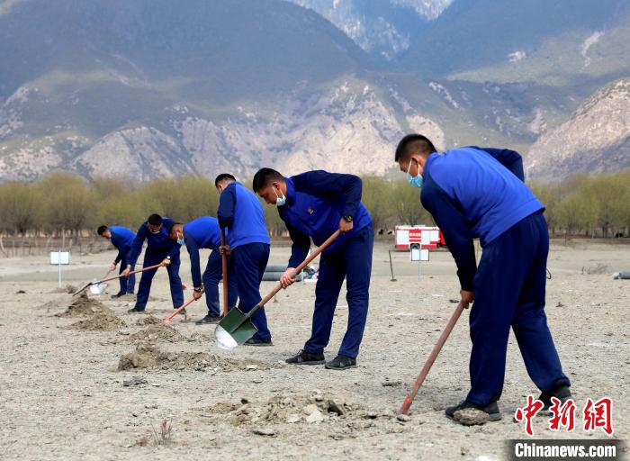 林芝市巴宜區(qū)森林消防中隊志愿服務(wù)隊正在揮鍬鏟土。　西繞拉翁 攝
